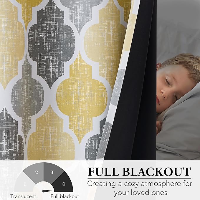 Beauoop 100% Blackout Curtains 108 Inches Long 2 Panels for Bedroom Living Room Yellow Grey Moroccan Geo Room Darkening Thermal Insulated Soundproof Grommet Top Window Treatments Drapes, 50x108x2 - Image 5