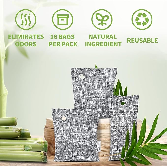 CLEVAST 16 Pack Activated Bamboo Charcoal Air Purifying Bags(8x100g, 8x50g), Natural Fresh Odor Absorber, Deodorizer and Moisture Eliminator, Air Purifier Bags for Home, Closet, Car Air freshener - Image 3