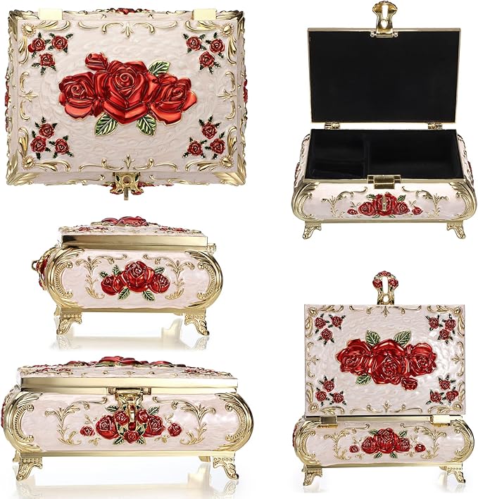 Hipiwe Metal Decorative Jewelry Box Vintage Treasure Chest Case Ornate Trinket Organizer Earrings Necklace Bracelet Storage Box Ring Holder Keepsake Box for Women - Image 8