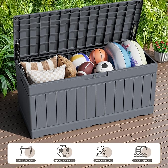 JUMMICO 78 Gallon Outdoor Deck Box Large Resin Storage Box for Patio Furniture Cushions, and Garden Tools (Gray) - Image 3