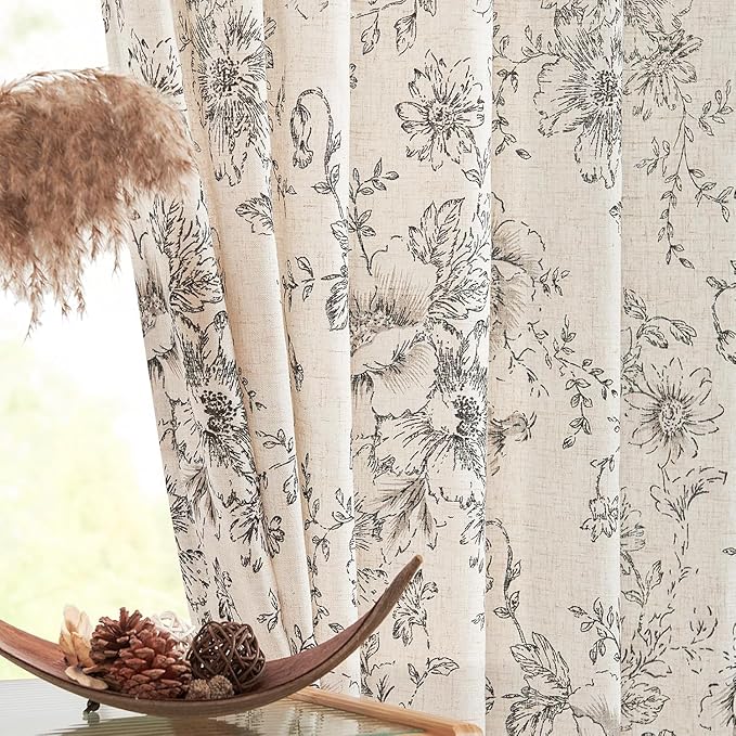 jinchan Linen Blend Curtain Floral Curtains for Living Room 84 Inch Length Farmhouse Curtain Rod Pocket Back Tab Black Printed Peony Flower Patterned Drapes Bedroom Window Curtains Set 2 Panels by JINCHAN