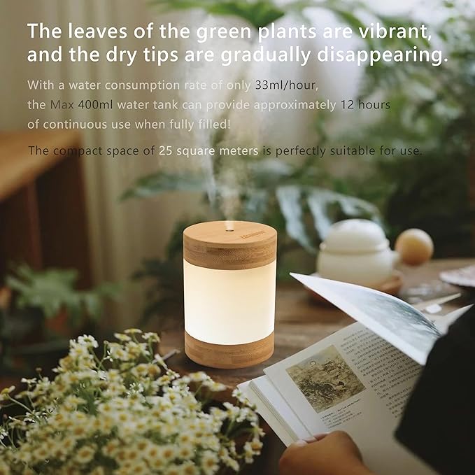 Bamboo Ultrasonic Mini Humidifier, 400ml Quiet Desktop Humidifier with Dual LED Night Light, USB-C Powered, Auto Shut-Off, Portable Small Room Air Moisturizer for Bedroom, Desk, Office & Travel - Image 5