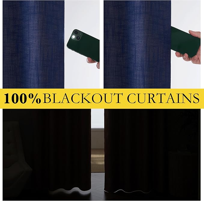 NICETOWN 100% Absolutely Blackout Linen Curtains with Thermal Insulated White Liner, Dark Blue, 52" Wide, 2 Pieces, Privacy Vertical Window Drapes for Office Laundry Living Room Windows 84 inch Long - Image 2
