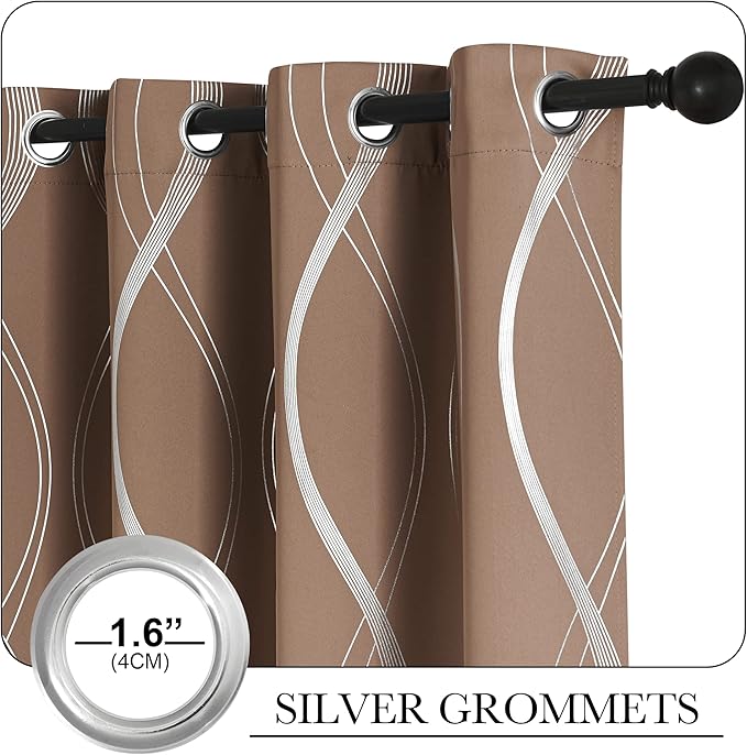 NICETOWN Blackout Short Curtains Panels for Bedroom, Microfiber Noise Reducing Thermal Insulated Wave Line Foil Print Design Blackout Curtains for Office, Classroom (Cappuccino, 2 Panels, 52 x 45) - Image 3