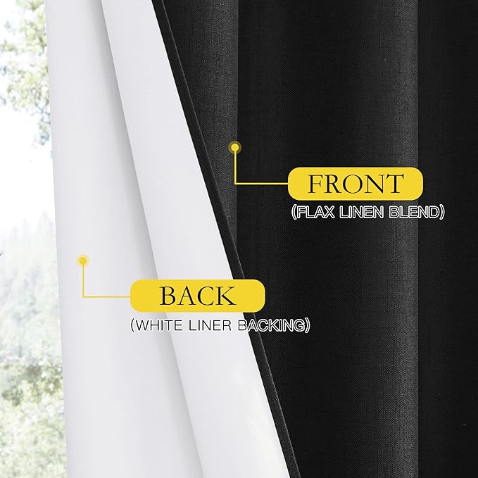 NICETOWN Black Truly Blackout Linen Blend Flax Drapes for Office, Vintage Grommet 100% Blackout Curtains with White Liner Backing for Kitchen Dorm Window（Set of 2, 62" Wide x 63" Long - Image 5