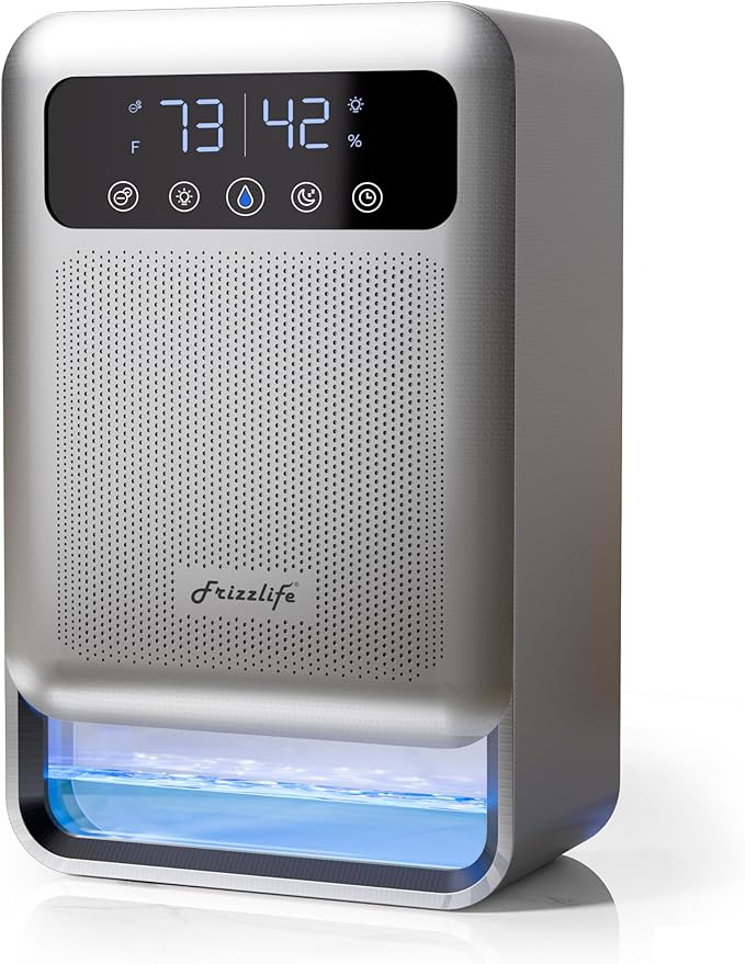 Frizzlife Air Dehumidifier, 135oz Water Tank W/Purifying Function, Quiet Small Dehumidifiers With Sleep Mode For Home, Bedroom, Bathroom, Basement W/Auto Shut Off, 7 Colors LED Light, Gray by FRIZZLIFE