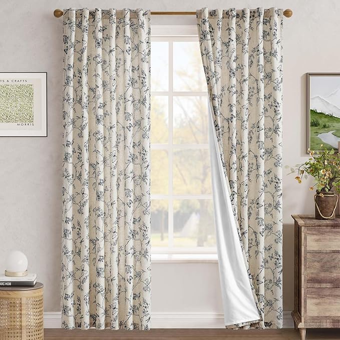jinchan Floral Curtains Lined Linen Blend Curtain for Living Room 84 Inch Length Black Farmhouse Flower Patterned Curtain French Country Curtains Drapes Back Tab Rod Pocket 2 Panels - Image 7