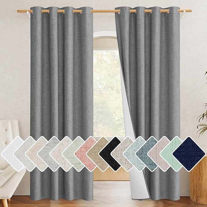 NICETOWN 100% Absolutely Blackout Linen Curtains with Thermal Insulated White Liner, 52" Wide, 2 Panels, 84 inches Long Drapes, Grommet Retro Dove Grey Linen Vertical Drapes Privacy for Bedroom by NICETOWN