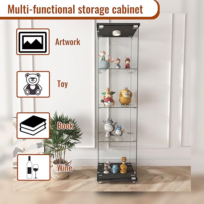 Yoluckea 4-Tier Glass Display Cabinet with LED Lighting, 1-Door Floor Standing Curio Cabinet with Universal Wheel for Home, Office, or Corner Display, Black Glass Bookshelf for Collections and Decor - Image 4