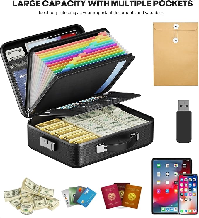 Fireproof Document Box, Hard Case Highly Flame-Resistant Fire Proof Waterproof File Organizer with Lock, Portable Fire Safe for Important Documents & Valuables Storage (Black, ‎15"*11"*5") - Image 6