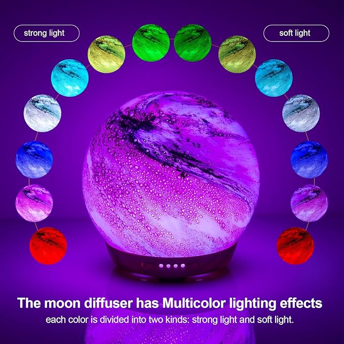 Moon Essential Oil Diffuser, Glass Cool Mist Humidifier with 4 Timer,7 LED Colors and Waterless Auto Shut-Off Settings for Baby Home Office (250ml) - Image 2