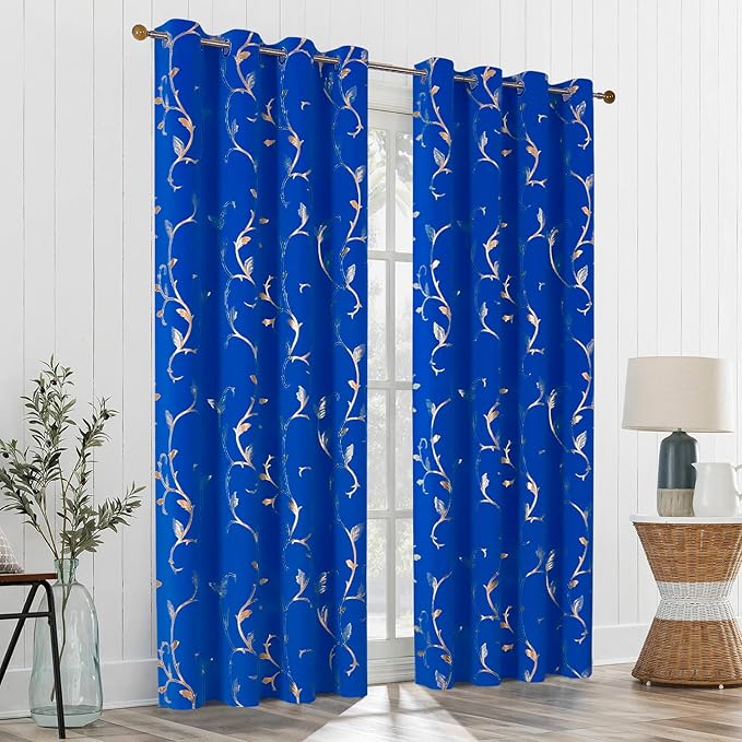 BUHUA Blackout Curtains Gold Foil Print Flower Vine Grommet Drapes, Room Darkening Thermal Insulated Curtains, Noise Reducing Curtain for Bedroom, Royal Blue, 52Wx84L, 2 Panels - Image 5