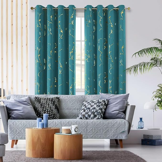 BUHUA Blackout Curtain 2 Panel Set Silver Vine Foil Print Thermal Insulated Drapes Room Darkening Curtains Grommet Window Treatment, 52 x 84 Inch, Teal Blue - Image 3