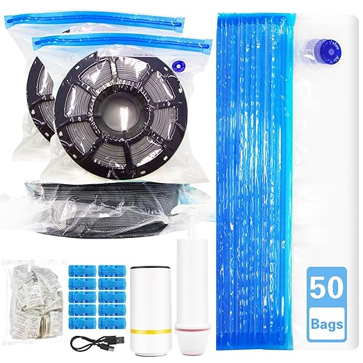 50PCS Filament Storage Bags Kit with Automatic Pump & Hand Pump - Vacuum Sealed 3D Printer Filament Storage Bags with 50 Drying Bags Packs for 0.5KG-1KG Spools, Keep Filament Dry(11.8 x 13.4） by Yudlto