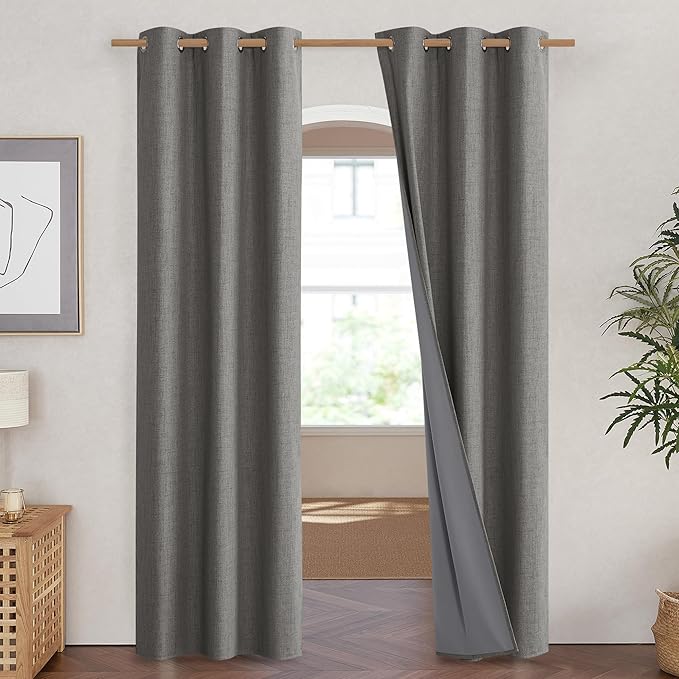 NICETOWN Grizzle Gray Vintage Linen 100% Blackout Curtains for Living Room, Thermal Insulated Curtains 90" Long, Noise Reducing Window Treatment Drapes for Hall Room, 42" Wide Per Panel, Set of 2 - Image 2