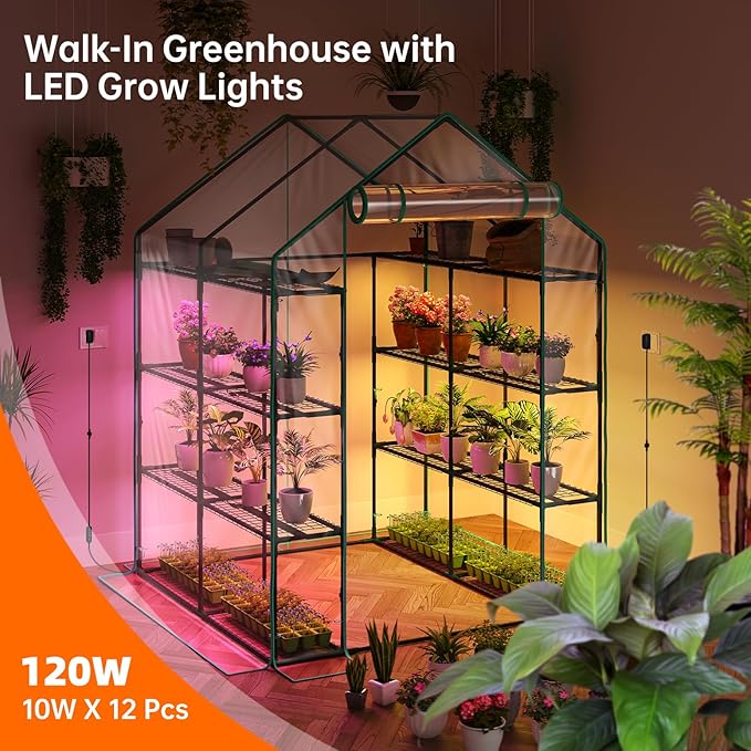 Bstrip Walk In Greenhouse, Indoor Greenhouse with Grow Lights, Mini Indoor Greenhouse with Roll-Up Zipper Entry Door and PVC Cover, Dimmable 2FT 120W Plant Light with Timer (56.3"W X 56.3"L X 76.8"H ) - Image 2