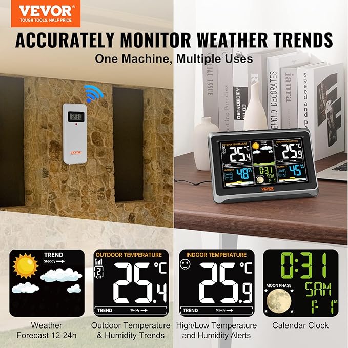 VEVOR Weather Station Indoor Outdoor, 7.5 in Color Display, Wireless Digital Home Weather Station, with Sensor Atomic Clock Adjustable Backlight Forecast Data Calendar Alarm Alert Temperature-NO WiFi - Image 2