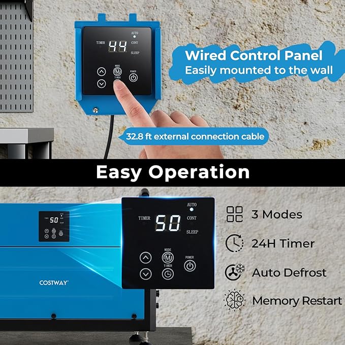 COSTWAY 155 PPD Commercial Dehumidifier, 1900 Sq.Ft Crawl Space Dehumidifier with 9.8 FT Drain Hose & Wired Remote Control Panel, Ideal for Basement, Warehouse (Blue) - Image 2