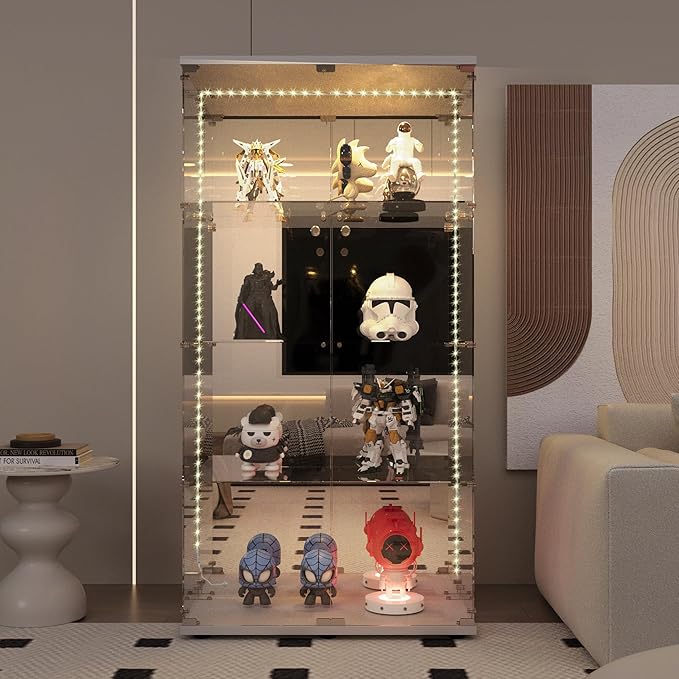 Yoluckea 4-Tier Glass Display Cabinet with Bluetooth LED Light Strip, 2-Door Floor Standing Curio Cabinet with Adjustable Feet and Mirror Back Panel, White Glass Bookshelf for Collections, Wood Top - Image 7