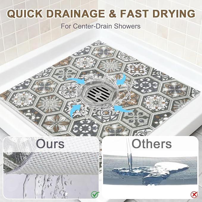 Square Shower Mat Non Slip: 24x24 Inch Extra Large Shower Mats for Inside Shower, Anti Slip Shower Floor Mat, Loofah Shower Stall Mats for Elderly, Non Slip Shower Mat with Drain Hole in Middle - Image 4