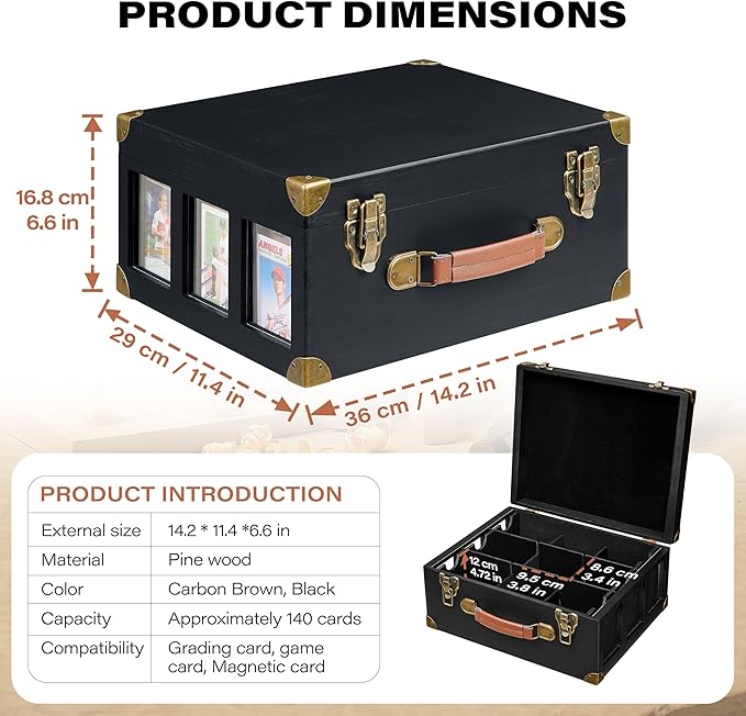 Graded Card Storage Box with Display Window, Wood Card Case for 140+ Cards PSA BGS FGS & SGC, Sports Cards Trading Cards, Graded Card Slab Carrying Case, Christmas Gifts (Black) - Image 2