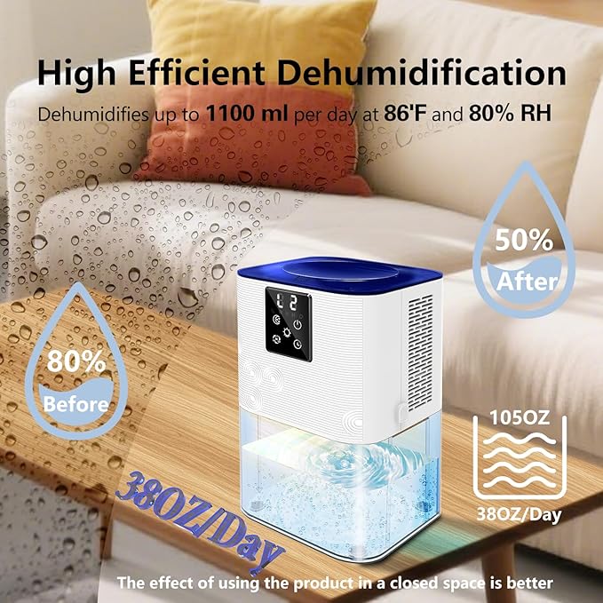 Dehumidifier,MTOX 3L/105 oz (1000 Sq Ft) Small Dehumidifiers for room, Bathroom, RV, Quiet with Auto Shut Off,Timer, 3 Setting modes, Removable filter and aromatherapy box, 7 color LED(Blue and White) - Image 3