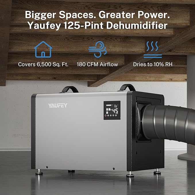 Yaufey 125 Pints Commercial Dehumidifier with Pump for Crawl Space, Basement, Industrial Area, 6500 Sq.Ft., 10-98% RH Humidity Control, 7/24 Running Continuous Drainage, TUV Certified, 5-Yr Coverage - Image 2