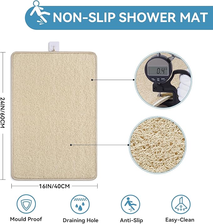 Non Slip Shower Mat Bathtub Mat 16x24 Inch, Quick Dry Bath Mat with Drain, Soft PVC Imitation Loofah Foot Scrubber Bath Mats for Bathroom Tub Shower Floor, Hangable & Hook Included, Beige - Image 3