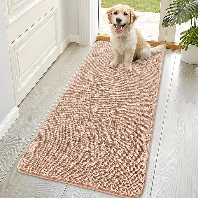 OLANLY Dog Door Mat for Muddy Paws 70x35, Absorbs Moisture and Dirt, Absorbent Non-Slip Washable Doormat, Quick Dry Chenille Mud Mat for Dogs, Entry Indoor Entryway Carpet for Inside Floor, Peach by OLANLY