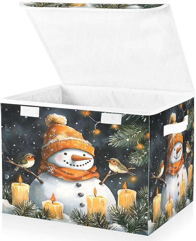 xigua Watercolor Snowman Storage Bins with Lids and Carrying Handle,Foldable Storage Boxes Organizer Containers Baskets Cube with Cover for Home Bedroom Closet Office Nursery - Image 2