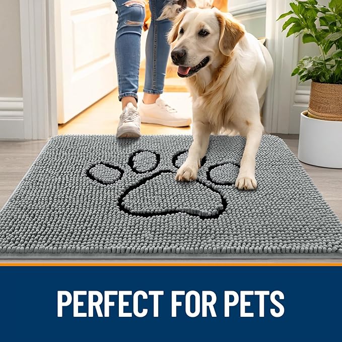 OLANLY Dog Door Mat for Muddy Paws 48x30, Paw Print Design, Absorbs Moisture and Dirt, Absorbent Non-Slip Washable Doormat, Quick Dry Chenille Mud Mat for Dogs, Entry Indoor Entryway Carpet, Grey - Image 6