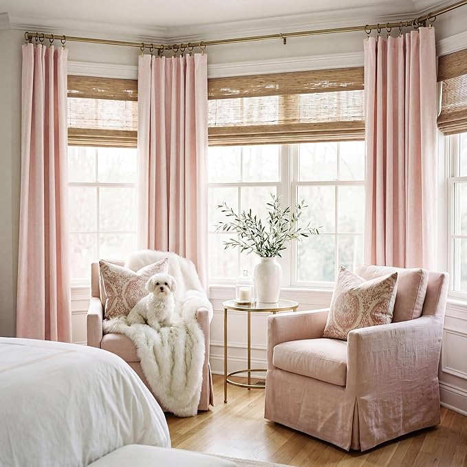 RYB HOME Pink 100%Blackout Linen Curtains for Girl's Room W52 x L84, Thermal Insulated &Privacy Assurd Curtains for Bedroom/Nursery/Living Room, Rod Pocket&Back Tab Drapes Boho Vintage Style, 2 Panels - Image 2