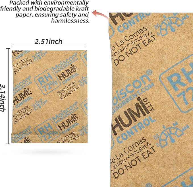 72% Two-Way Humidity Control Packs- 8 Gram Moisture Absorbers for Herbs, Wood Humidifier Boxes - Natural Craft Paper Design, Individually Sealed Packets, Prevents Leaks [60 Pack] - Image 3