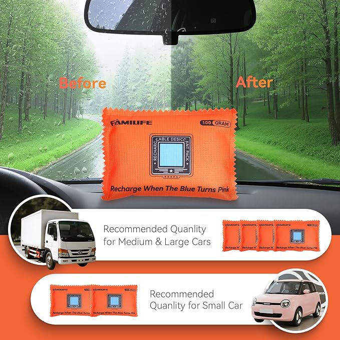 FAMILIFE 100g Rechargeable Desiccant Packs for Storage, Reusable Dehumidifier Bags Color Indicating Silica Gel Packets Portable Moisture Absorbers for Storage Bins, Car, Closet, Gun Safe, Electronics - Image 5