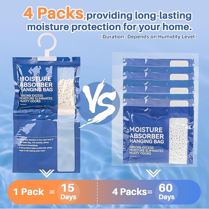 Dehumidifier Bags Hanging Moisture Absorbers – 4 Packs Dehumidifiers for Home Closet Bathroom Basement, Hanging Bag Desiccant Packs for Bedroom RV Camper, Odor Absorber Household Essentials - Image 7