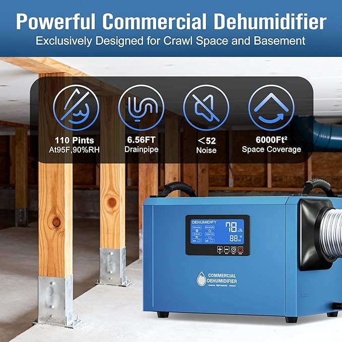 145 Pints Commercial Dehumidifier for Large Basements & Crawl Spaces up to 6500 Sq.Ft, Industrial Dehumidifiers for Water Damage Restoration, Auto Defrost, Continuous Drain Hose, Memory Function, Blue - Image 7