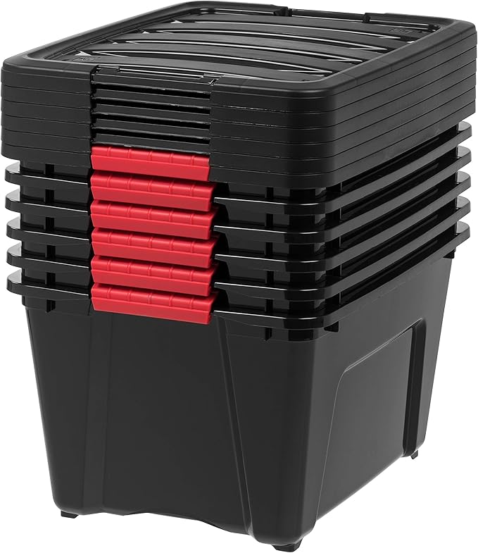 IRIS USA 32 Qt Stackable Plastic Storage Bins with Lids, 6 Pack - BPA-Free, Made in USA - Garage Organizing Solution, Latches, Durable Nestable Containers, Secure Pull Handle - Black - Image 7