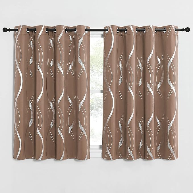 NICETOWN Blackout Short Curtains Panels for Bedroom, Microfiber Noise Reducing Thermal Insulated Wave Line Foil Print Design Blackout Curtains for Office, Classroom (Cappuccino, 2 Panels, 52 x 45) - Image 2