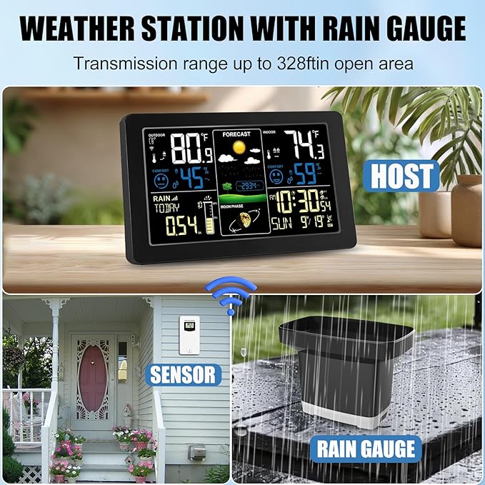 Weather Station with Rain Gauge Outdoor, Home Weather Stations Wireless Indoor Outdoor with Digital Rain Gauges, Thermometer, Barometer, Hygrometer, Atomic Clock, Weather Forecast and Alerts - Image 3