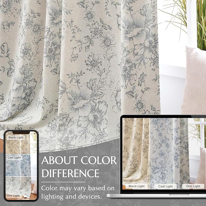 jinchan Blackout Linen Blend Curtain Grey Floral Blackout Curtains for Living Room 84 Inch Length Gray Printed with Lined Blackout Curtain for Bedroom Farmhouse Curtains Set 2 Panels - Image 6