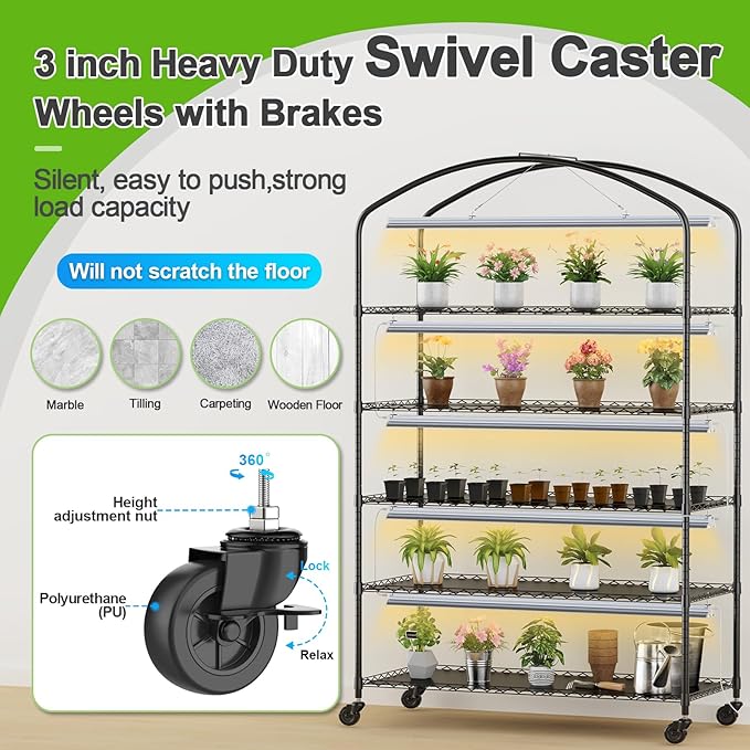 Abimars 5-Tier Greenhouse with Grow Light, Shelf Height Adjustable Metal Plant Shelf with PVC Cover and Wheels, Includes 5-Pack 2900K Full Spectrum Plant Lights, 21x60x80inch - Image 5