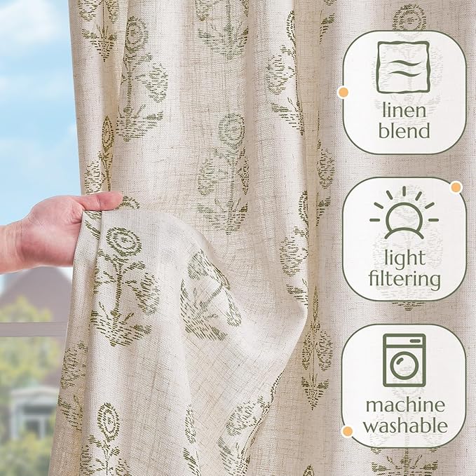 jinchan Linen Floral Curtains for Living Room 84 Inch Length Green Flower Cottage Core Farmhouse Curtains Rod Pocket Back Tab Boho Semi Sheer Window Drapes Bedroom Set 2 Panels Green on Beige - Image 4