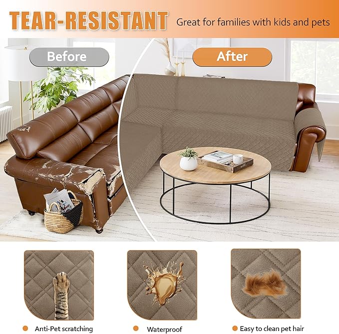 Arfntevss Waterproof Sectional Couch Covers L Shape Washable Velvet Sofa Cover for Sectional Non Slip U Shaped Corner Sofa Slipcover Sets Dog 6 Pcs Universal Furniture Protector (Light Brown, Small) - Image 7