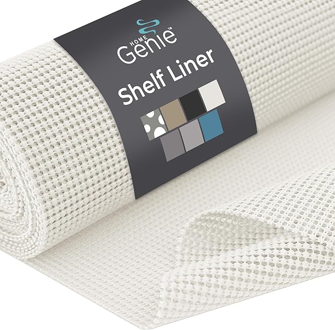 HOME GENIE Shelf Drawer and Cabinet Liner, Durable with Strong Grip, 17.5 in x 20 FT, Non Adhesive Liners Protect Kitchen Cabinets and Cupboard, Pantry, Bathroom Drawers and Shelves, Desks, White by HomeGenie