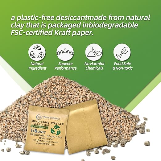1/6U Kraft Clay Desiccants Packs for Storage - Silica Gel Packets Alternative, 6 Gram Food Safe Bentonite Clay Desiccant Bags, Military Grade Highest Moisture Absorbers [30 Pack] - Image 4