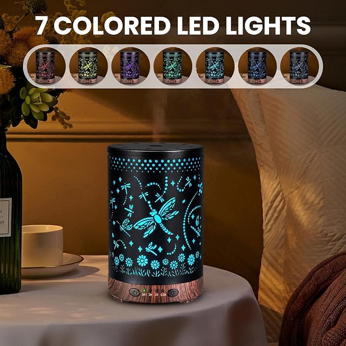 Essential Oil Diffuser 120ML Metal Aromatherapy Diffuser with Timer, Cool Mist Humidifier with Auto Shut-Off & 7 Color Lights for Home Office Spa (Dragonfly) - Image 2