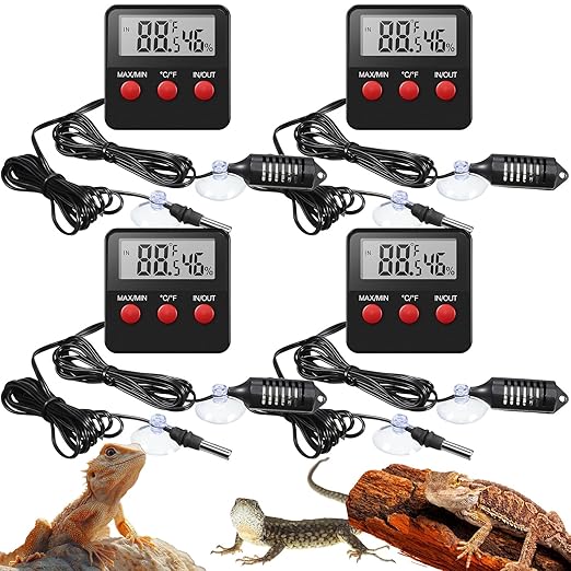 Weewooday 4 Pcs Reptile Thermometer and Humidity Gauge Reptile Terrarium Thermometer Hygrometer with Probes Indoor Outdoor Digital Pet Temperature and Hygrometer Gauge for Pet Keeping by Weewooday