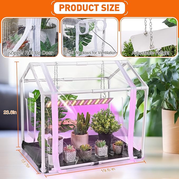 Meonum Mini Greenhouse for Indoor Outdoor, 23.6"L x 15.7"W x 19.6"H Portable Greenhouse with Waterproof Bottom Mat, Timer, 3 Light Color Mode for Indoor Outdoor Seed Starter Tray (Mini House Shape) - Image 2