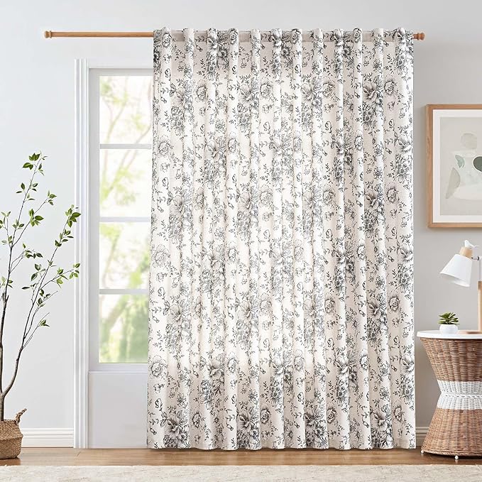 jinchan Linen Floral Curtains 100 Inch Extra Wide for Patio Sliding Glass Door Room Divider Curtain for Living Room 90 Inch Length Farmhouse Peony Black Printed Curtain Set 1 Panel by JINCHAN