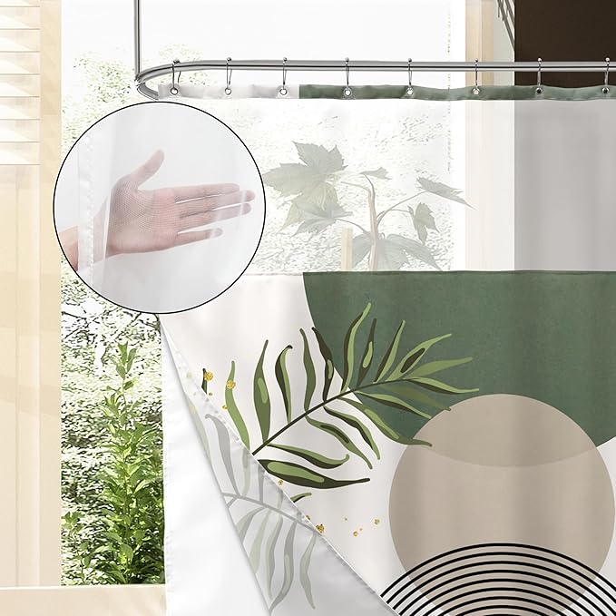 Sage Green Boho Shower Curtain with Snap in Liner Modern Mid Century Abstract Minimalist Gold Leaves Plant Sun Geometric Arch 72Wx72H Bathroom Decor Bath Curtain Fabric Polyester 12 Pack Hooks - Image 4